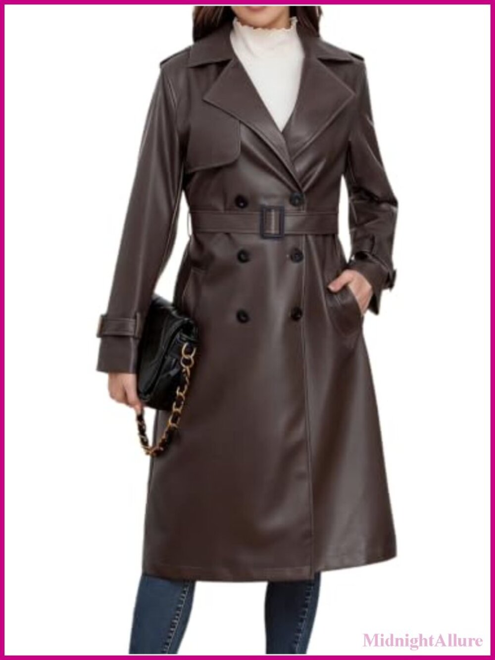 Women's Long Faux Leather Trench Coat Double Breasted Belted Jacket